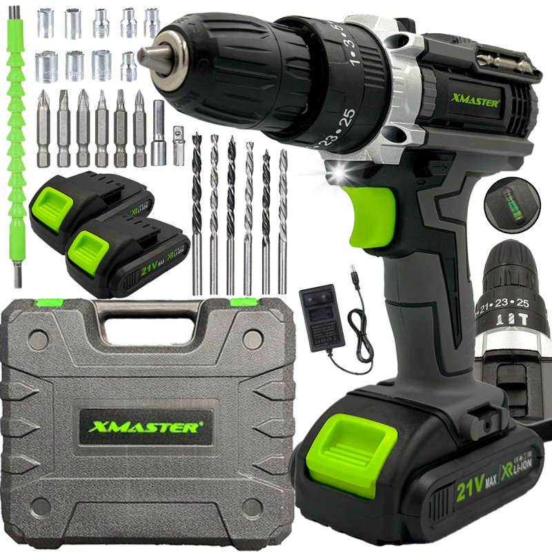 Triecienurbjmašīna-skrūvgriezis ar instrumentu komplektu + 2 akumulatori 21V