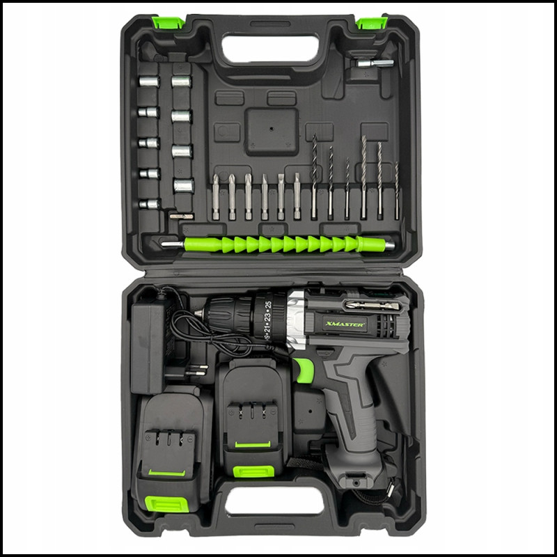 Triecienurbjmašīna-skrūvgriezis ar instrumentu komplektu + 2 akumulatori 21V