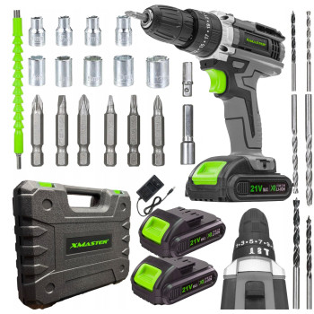 Triecienurbjmašīna-skrūvgriezis ar instrumentu komplektu + 2 akumulatori 21V
