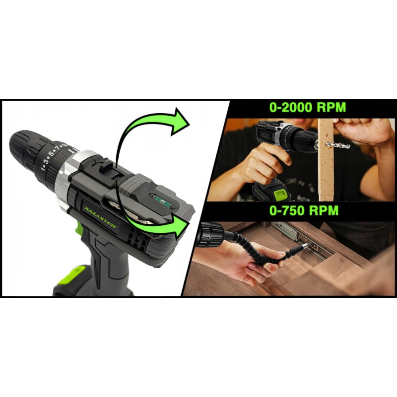 Triecienurbjmašīna-skrūvgriezis ar instrumentu komplektu + 2 akumulatori 21V