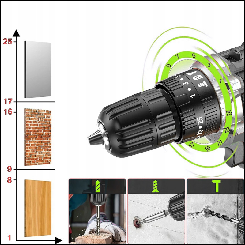 Triecienurbjmašīna-skrūvgriezis ar instrumentu komplektu + 2 akumulatori 21V